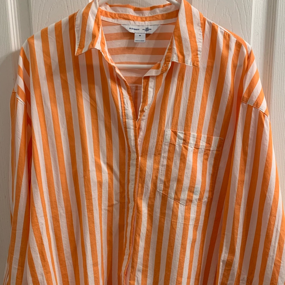 Old Navy Women’s Striped Orange & White Button-Up Shirt Oversized fit NWOT